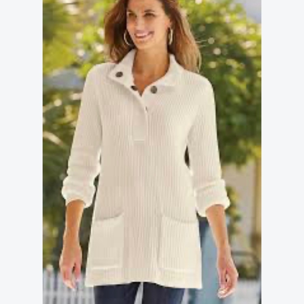 Soft Surroundings Ivory Ribbed Knit Button Mock Neck Tunic Sweater XS